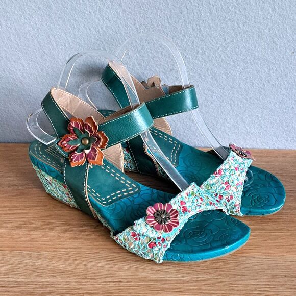Spring Step  L'artiste Laisis Wedge Sandals Blue Leather Flowers 40 / 9 - Picture 1 of 11